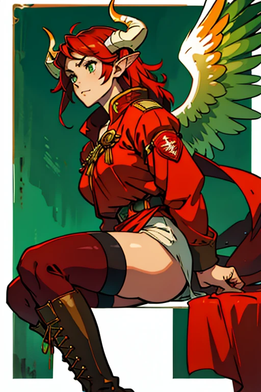 priestess of fire with horns and large angel wings green and red clothes with military boots