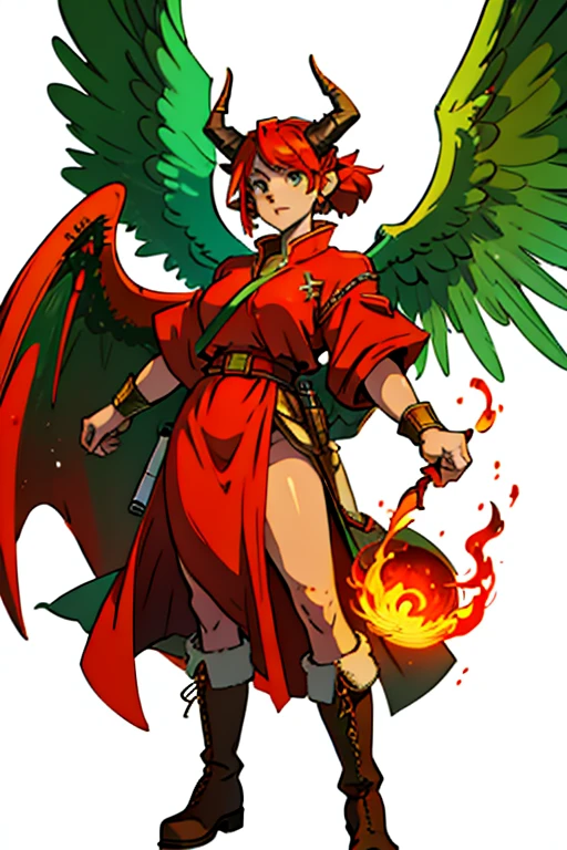 priestess of fire with horns and large angel wings green and red clothes with military boots