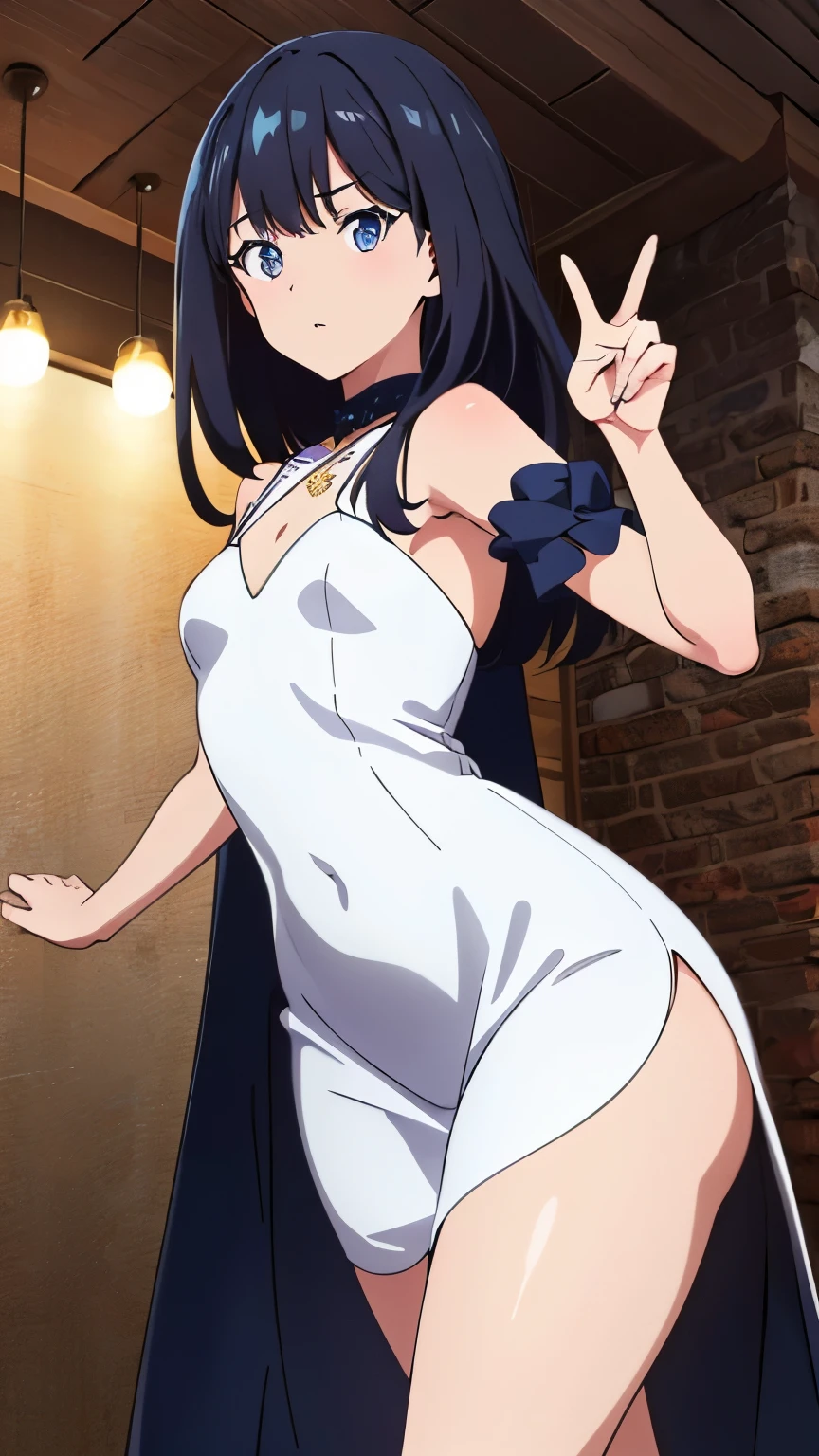 (masterpiece, best quality, high resolution, 8k:1.2), (Very detailed), (Anime), Absurd, One girl, ((Dynamic pose)) , alone, Black Hair, young woman, Beautiful fingers, Perfect fingers, Beautiful long legs, Beautiful body, Beautiful character design, beautiful eyes, detailed eyes, Perfect face, detailed face, Small medium breast, (sparkly dress, shiny dress, thighs), View your viewers, In the center of the image, Cowboy Shot,