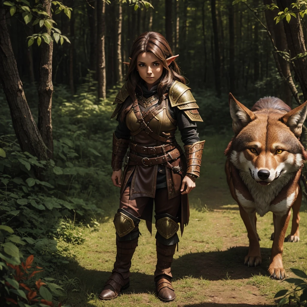 female halfling druid with brown hair wearing leather armor, adult red wolf pet, forest background, pathfinder, highest quality, full body