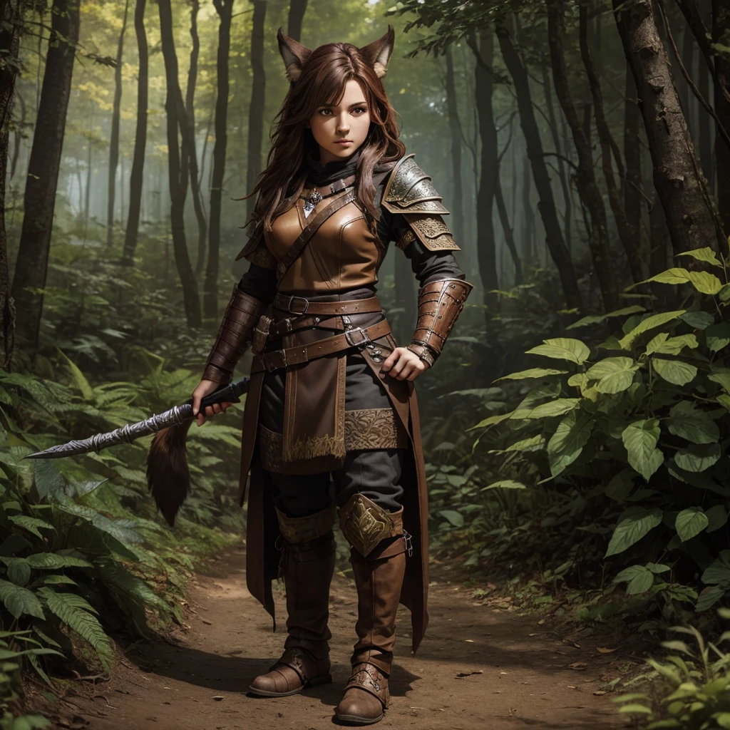 female halfling druid with brown hair wearing leather armor, adult red wolf pet, forest background, pathfinder, highest quality, full body