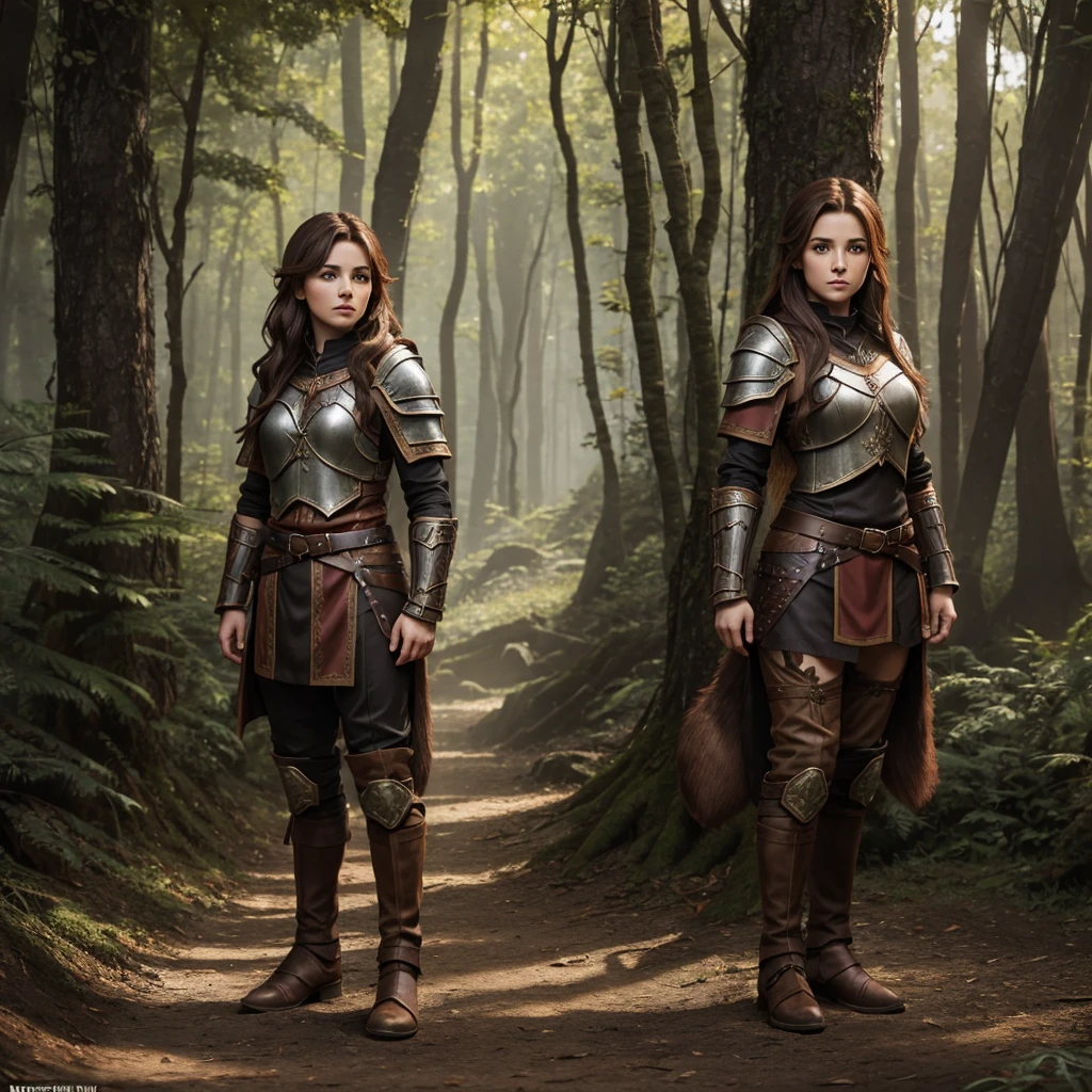 female halfling druid with brown hair wearing leather armor, adult red wolf pet, forest background, pathfinder, highest quality, full body