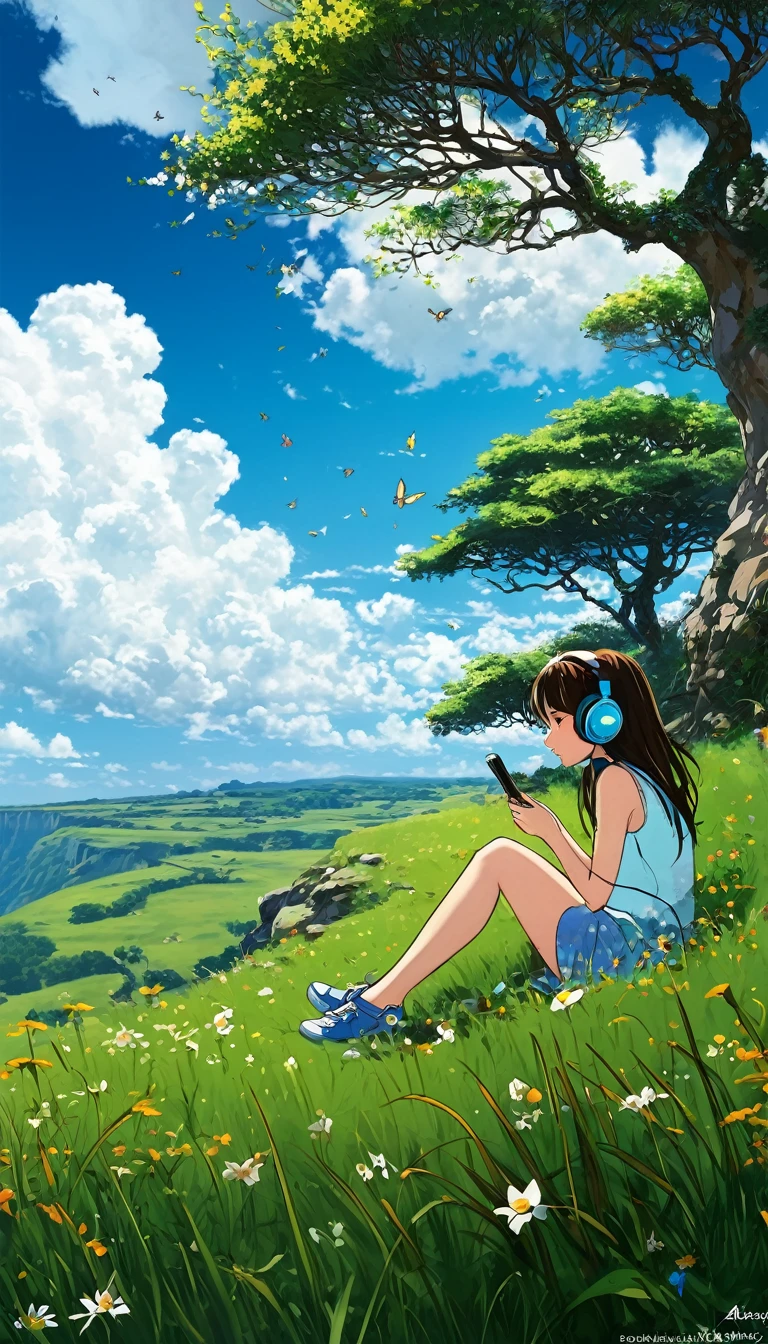 a girl sitting under a tree near a cliff in a meadow, seeing a vast blue sky with fluffy clouds and brush strokes , tall grasses stones, , Makoto Shinkai Cyril Rolando, anime art wallpaper 4k, anime art wallpaper 4k, animated background, anime art wallpaper 8K, animated background art, Anime Landscape Wallpaper, amazing wallpaper, HD wallpaper, 4k anime wallpaper, 4k anime wallpaper, Aries Moross art, art by Bob Byerley , AshleyWoodArtAI, Greg Rutkowski, flower, very colourful, flower vally, rabbit near the girl , girl listening music using by headphone