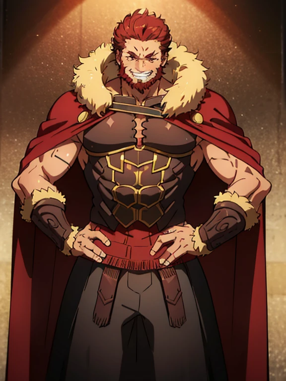 (masterpiece, best quality:1.2), cowboy shot, solo, male focus, 1boy, iskandar, mature male, muscular male, grin, looking at viewer, hands on hips, armor, fur-trimmed cape