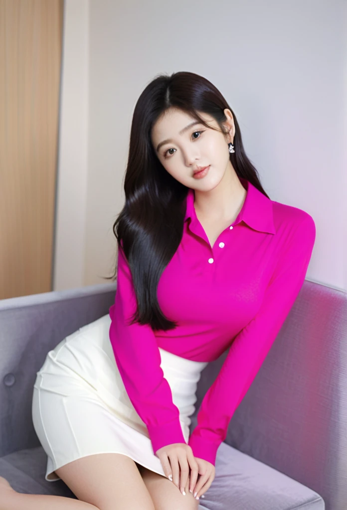close-up of beautiful South Korean, Jang Eunbi is a South Korean video creator and model, age 24 years old girl, youthful face, white skin body, perfect body, very classic long hair, standard black hair, her hair is very straight and smooth, 38 inches breasts size, wearing a plain standard hot pink long sleeve shirt((appropriate shirt)), wearing a plain standard bright white pencil skirt((length skirt to the knee)), Eunbi sat with her boyfriend in the boyfriend living room, Eunbi seemed to enjoy and be happy with boyfriend, sexy looking pose, pose a naughty look, pose looks seductive, at the boyfriend living room, boyfriend living room background, UHD