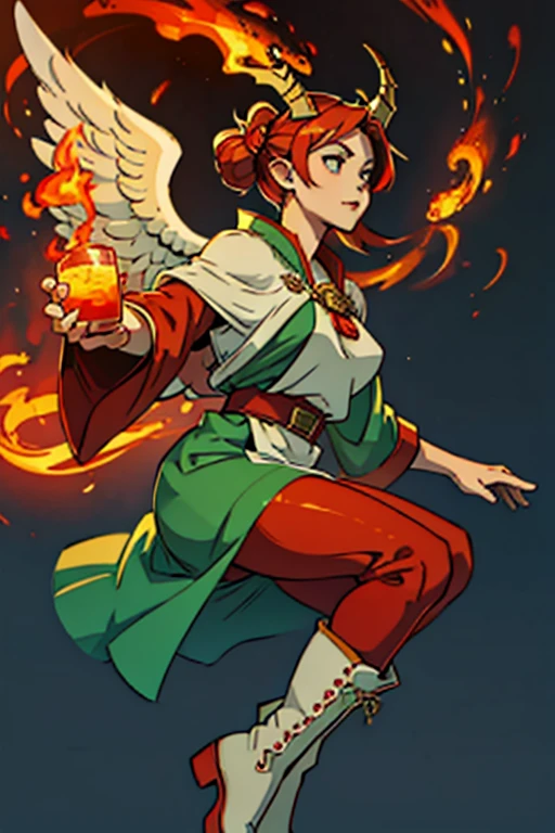 priestess of fire with horns and large angel wings green and red clothes with military boots