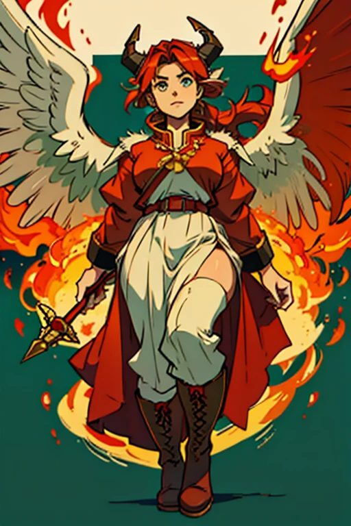 priestess of fire with horns and large angel wings green and red clothes with military boots
