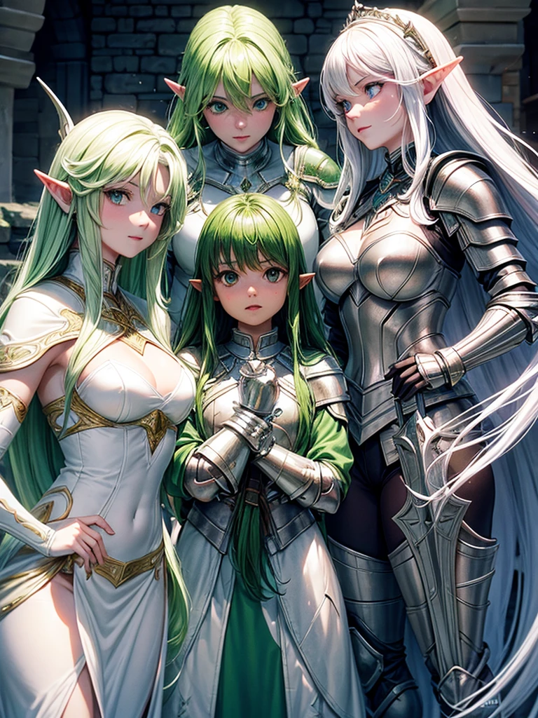 Create an image with 3 women in armor, a white elf sorceress, a white human knight and a green goblin archer