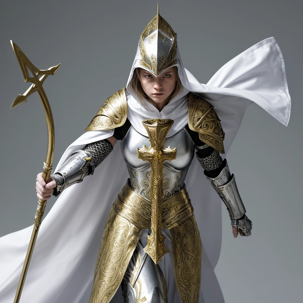 Masterpieces, female, Holy White Knight, Action style shot, (Battle Priestess in a armor with a staff with a cross), (Silver, Gold and White color scheme), (white hood and cape), (action shot: holding staff), white and gold tabard (solid color background), centered, full body shot fighting, sci-fi knight, intricate pattern detail, highly detailed