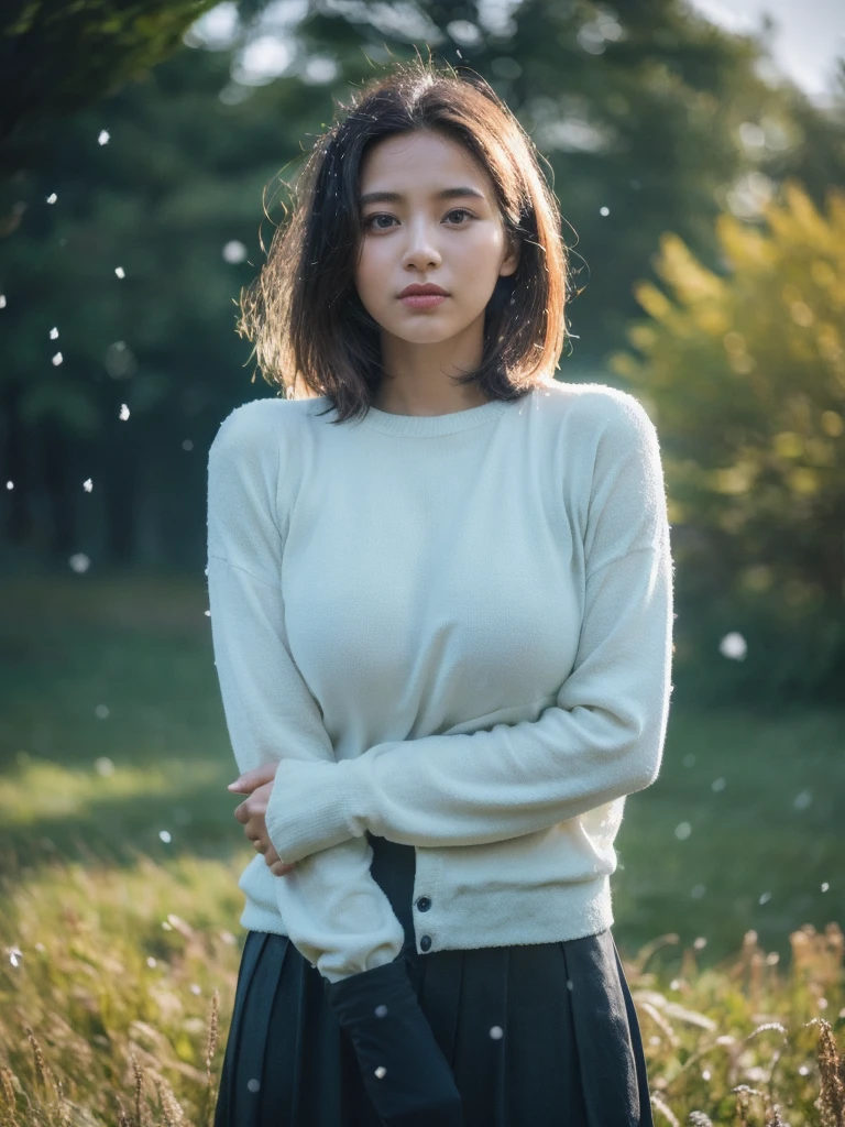 (Beauty shot:1.2), (Best quality:1.5), storm sky, (snowing:1.2), 23y, 1girl, indonesian, (tight breast:1.3), long sleeve shirt and skirt, sneakers, (cute face:1.3), wavy short hair blowing in the wind, dramatic natural posing in meadow with wild plants, film looks, cinematic lighting, shadow, sunlight, aesthetic, ultra highres, sharp focus, highly detailed, detailed face and eyes, film bokeh, surreal view, shot by eos c with 35mm lens, movie angle, Portrait by annie leibovitz, midjourney v6