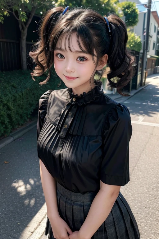 (of the highest quality,masterpiece:1.3,ultra high resolution),(Very detailed、Caustics) (realist:1.4, raw shot、)Ultra-realist Capture、Very detailed、Natural skin texture、masterpiece、(A Japanese elementary school girl dressed in a black blouse and a pleated skirt.:1.3)、adorable expression、Expressions of happiness、10 years、Height: 140cm、baby face、pure girl、incredibly cute、twin tail hairstyle、Curly hair、Love、black fur、big breastsbright ones、shiny ass、collar、Sidewalk in a residential area、background details、smile、an inviting look、(anatomically correct)、cowboy shot、Attention to details、