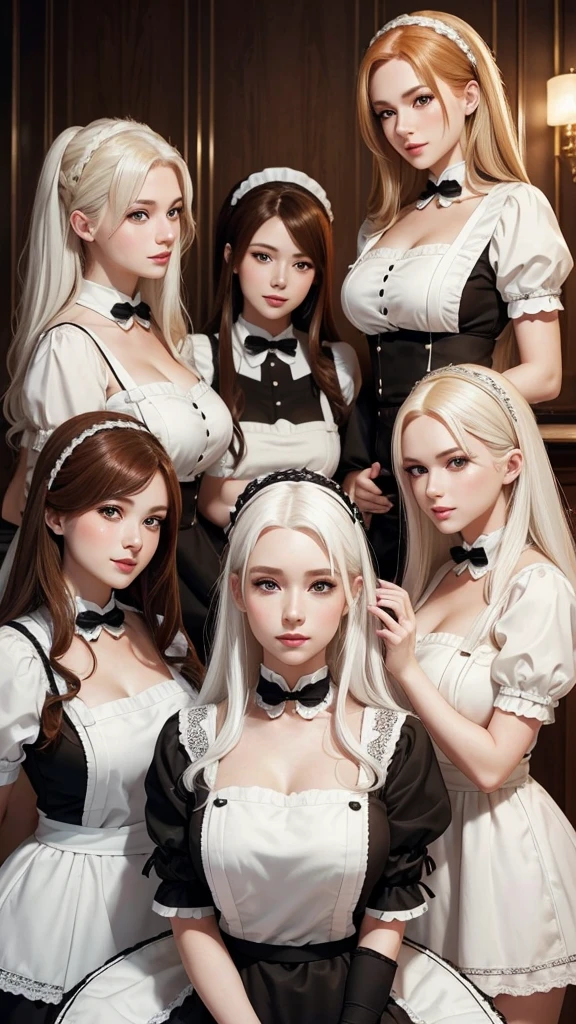 a maid cafe with four maids, ((one brunette, one blonde, one redhead and one white hair)) highly detailed, beautiful maid outfits, detailed facial features, elegant poses, intricate background, warm lighting, vibrant colors, photorealistic, masterpiece, 8k
