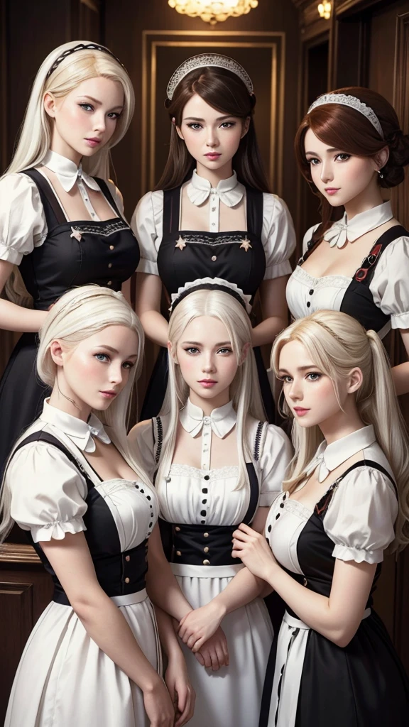 a maid cafe with four maids, ((one brunette, one blonde, one redhead and one white hair)) highly detailed, beautiful maid outfits, detailed facial features, elegant poses, intricate background, warm lighting, vibrant colors, photorealistic, masterpiece, 8k
