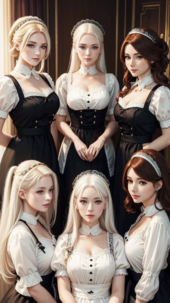 a maid cafe with four maids, ((one brunette, one blonde, one redhead and one white hair)) highly detailed, beautiful maid outfits, detailed facial features, elegant poses, intricate background, warm lighting, vibrant colors, photorealistic, masterpiece, 8k