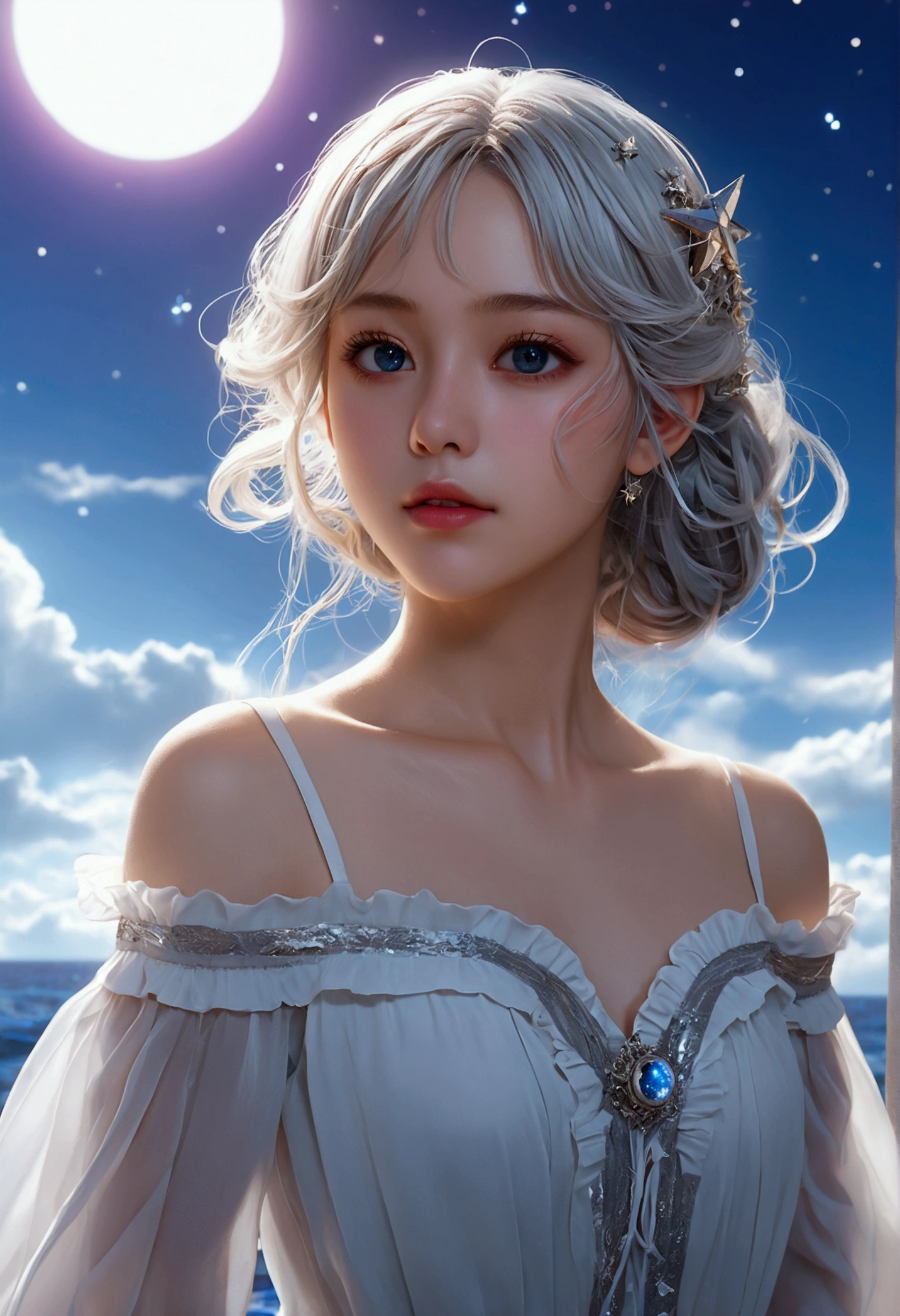 ((masterpiece)), ((best quality)), ((illustration)), Extremely detailed,Style girl, long shot, Small Breasts,very light gray_long_hair, scifi hair ornaments, Beautiful and delicate deep eyes, Beautiful and detailed sky, Beautiful and delicate water, light, dramaticangle, (very long sleeves), Ruffles, formal, Close to the viewer, (Extremely delicate and beautiful),best quality,high resolution,Official Art,Extremely detailed CG unity 8k wallpaper,  ((Starry Sky)), star river bay,array star, Saint, noble, ((painting)) , ((Wallpaper 8k CG)), (Practical), Concept Art, Changing blue、red、Orange and pink hard light, Intricate light, dynamic hair, haircut, dynamic ambiguity, beautiful and aesthetic, Intricate light, Manga and animation