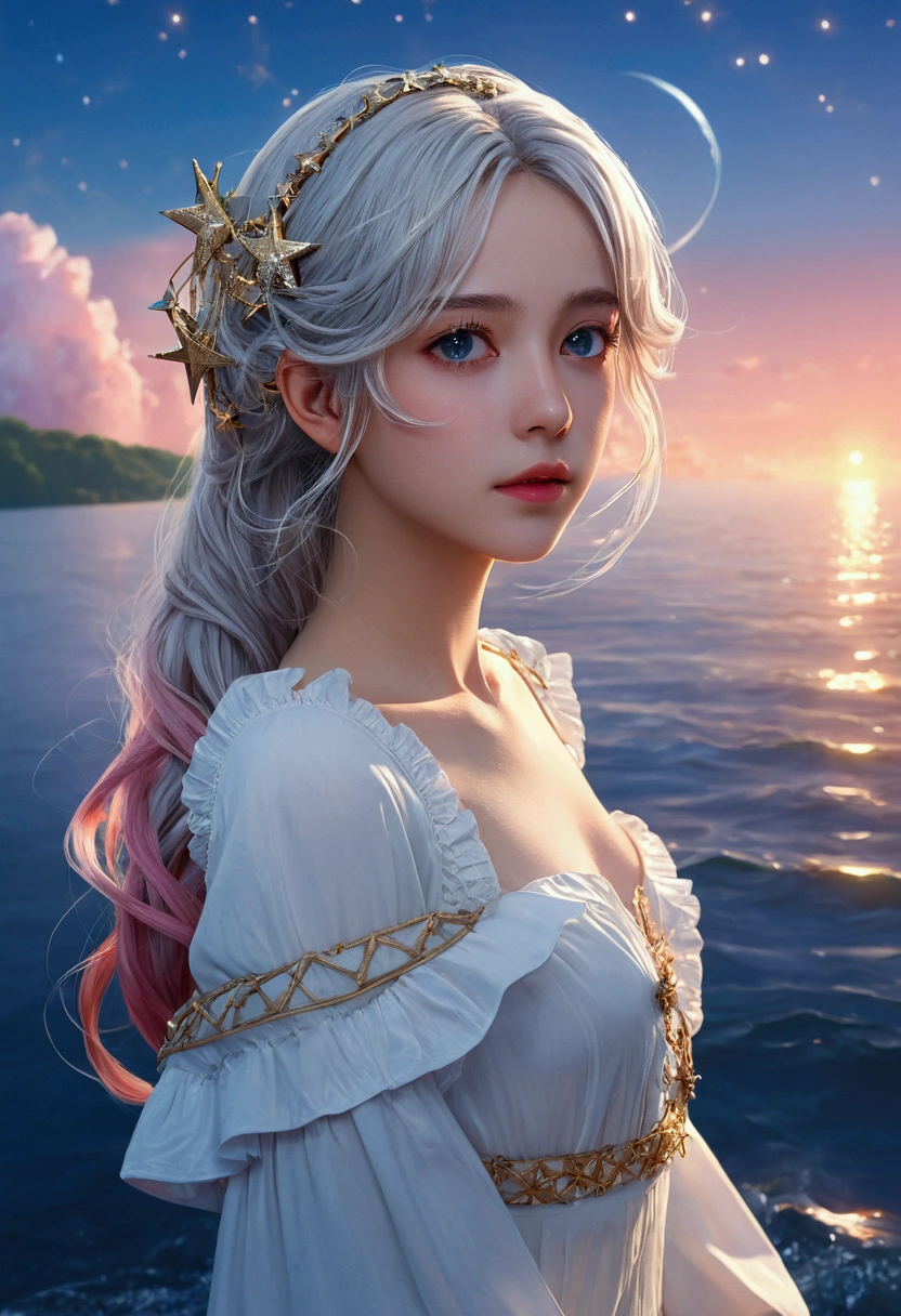 ((masterpiece)), ((best quality)), ((illustration)), Extremely detailed,Style girl, long shot, Small Breasts,very light gray_long_hair, scifi hair ornaments, Beautiful and delicate deep eyes, Beautiful and detailed sky, Beautiful and delicate water, light, dramaticangle, (very long sleeves), Ruffles, formal, Close to the viewer, (Extremely delicate and beautiful),best quality,high resolution,Official Art,Extremely detailed CG unity 8k wallpaper,  ((Starry Sky)), star river bay,array star, Saint, noble, ((painting)) , ((Wallpaper 8k CG)), (Practical), Concept Art, Changing blue、red、Orange and pink hard light, Intricate light, dynamic hair, haircut, dynamic ambiguity, beautiful and aesthetic, Intricate light, Manga and animation