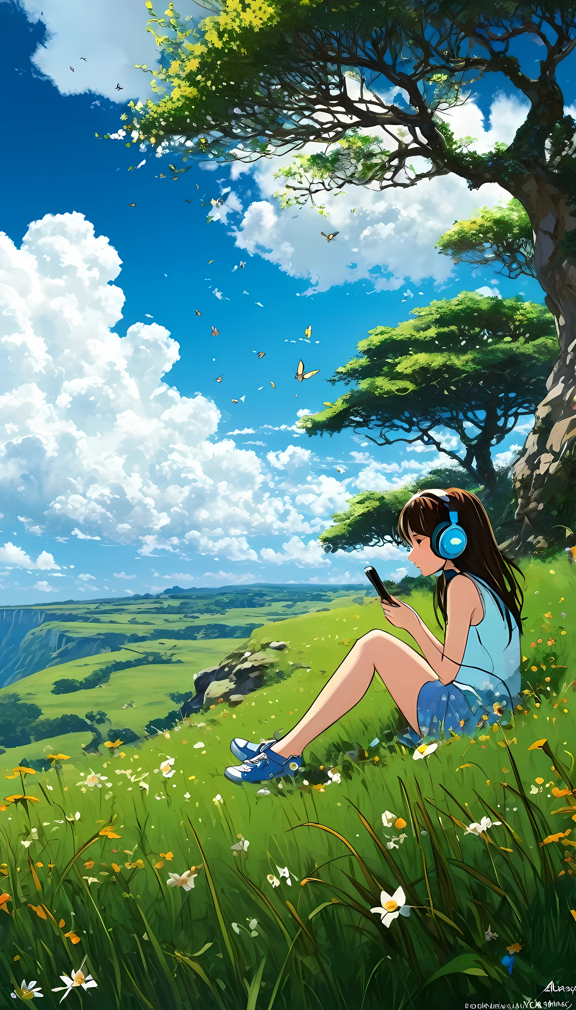 a girl sitting under a tree near a cliff in a meadow, seeing a vast blue sky with fluffy clouds and brush strokes , tall grasses stones, , Makoto Shinkai Cyril Rolando, anime art wallpaper 4k, anime art wallpaper 4k, animated background, anime art wallpaper 8K, animated background art, Anime Landscape Wallpaper, amazing wallpaper, HD wallpaper, 4k anime wallpaper, 4k anime wallpaper, Aries Moross art, art by Bob Byerley , AshleyWoodArtAI, Greg Rutkowski, flower, very colourful, flower vally, rabbit near the girl , girl listening music using by headphone
