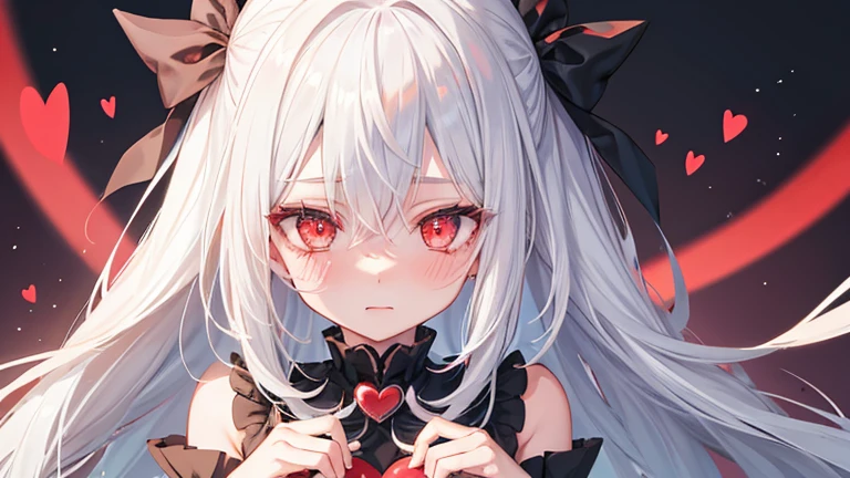 1girl,long white hair,Red eyes,embarrassed,heart-shaped eyes,Yandere,close-up eye