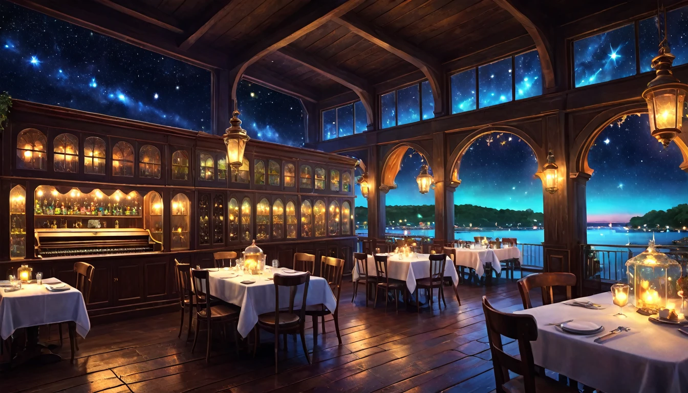 A fantasy digital illustration of a magical waterfront restaurant at night that has been in operation for centuries. The restaurant is filled with antique furniture, and the shelves are lined with colorful bottles. Through the windows, a starry sky and the lights of a town can be seen. Inside the restaurant, lanterns cast a soft light that illuminates a beautifully transparent white piano in the center of the room, creating an enchanting and mystical atmosphere.