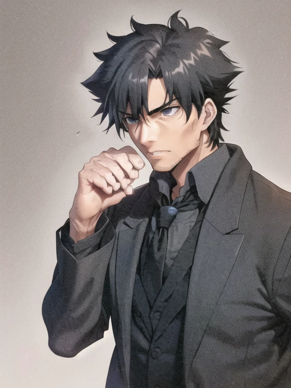 emiyaki, male focus, solo, black coat, grey shirt, necktie, tattoo, stubble, hand up, upper body, mature male, manly, clenched hand , rage, dark theme,
