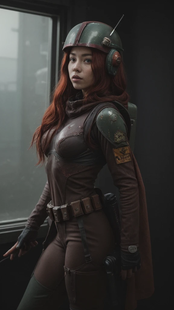 a 20-year-old girl with long red hair, dressed as Boba Fett from Star Wars, only wearing the helmet, a underwear of two pieces,cinematic lighting, dramatic pose, science fiction, dark atmosphere, moody, vibrant colors, photorealistic, 8k, best quality, (masterpiece:1.2), ultra-detailed, (realistic:1.37), HDR, studio lighting, physically-based rendering, extreme detail description, vivid colors,full body shot