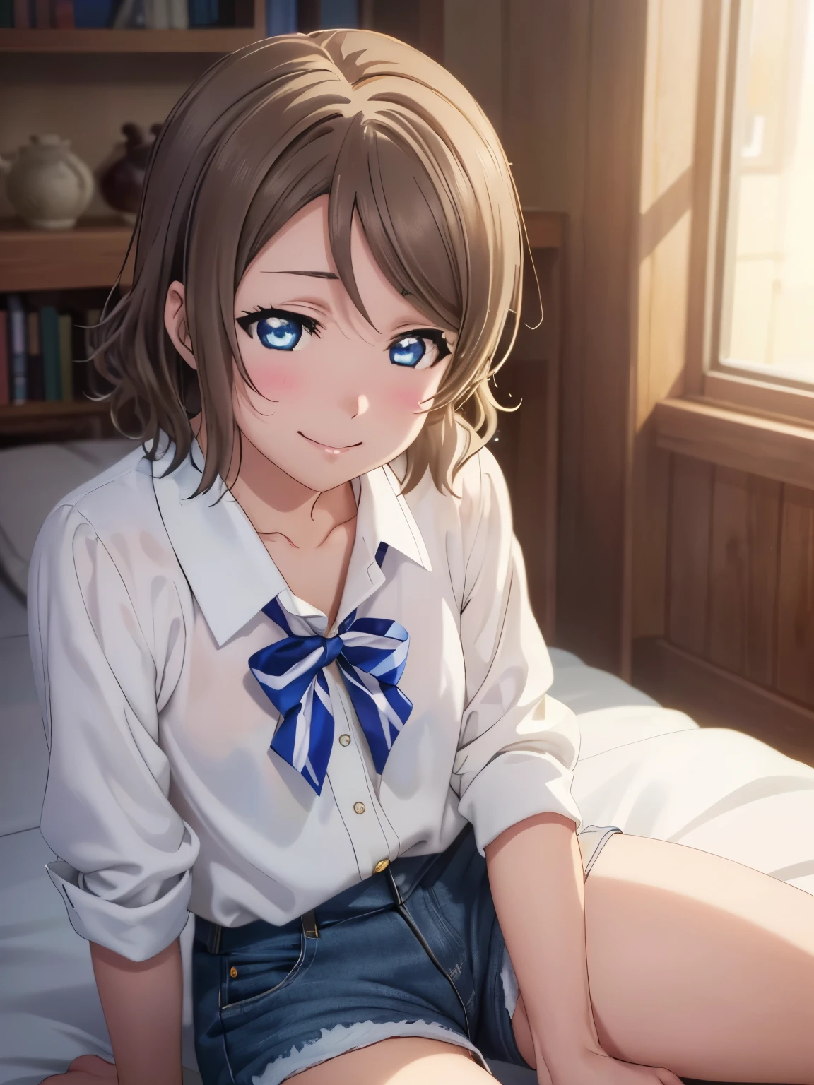 masterpiece, Highest quality, High resolution,Watanabe Yo, Uranohoshi , indoor、Sitting on the bed、bow tie ,View your viewers, whole body, smile、Closed Mouth、Cowboy Shot、4K,8k,Extremely detailed CG、High resolution、超High resolution, Perfect lighting, Extremely detailed CG、Physically Based Rendering(Genuine、Realisticな、Realistic:1.5)、(Anime illustration style:1.5)、Spread your legs,Shorts