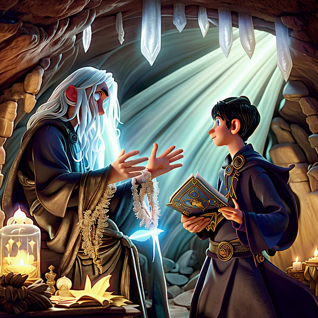 blurred image of a man and a boy in a cave, spellcasting wizard, Tolkien and Michael Komarck, jovem mago, fantasy book illustration, wizard reading a directory, realistic fantasy photography, wizard casting a spell, wizard doing a tarot reading, magic scene, spells magic, Lt. Grzegorz Rutkowski, cave of books, still from a fantasy movie
