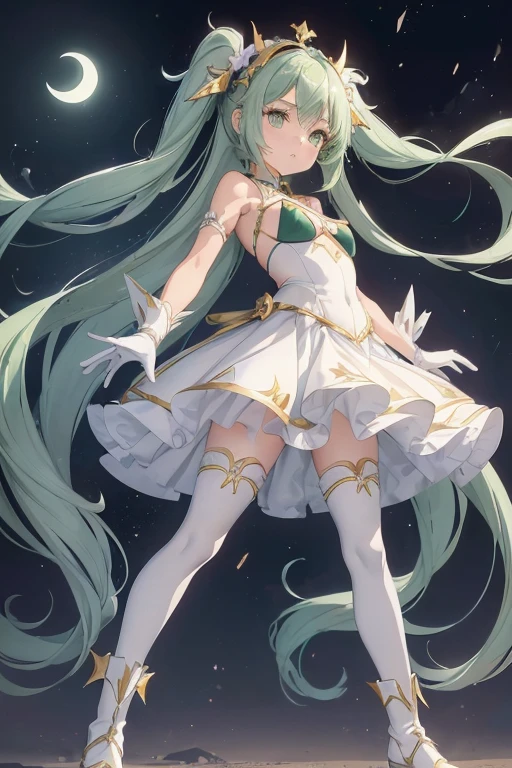 (girl1), (anime), white, with long green hair, jade green eyes, an 8 year old woman, with white stockings and a sexy dress, wearing a heroine costume consisting of a white sleeveless swimsuit with purple details and a yellow crescent moon on his chest. She also wears purple high boots, white gloves with spikes and metal plates on her waist and feet, look at her (breast size, they are size AAAA+:1.5),(Small body height of a lolita:1.2),(Body height of an 8-year-old child:1.2),(Turned on her back with her  ass hypinated to the fourth wall) 