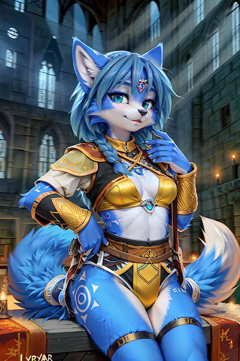 A beautiful and detailed (sweet picture) wa ((krystal)), Star Fox krystal,  green eyes, medium breasts, (((Long blue hair 1.3))),  anthro, furry, (wa Fluff-Kevlar, Bayard Wu, personalize me, Pino Daeni),  detailed fluffy fur, detailed face, (fluffy), 1 girl, alone, hair cover one eye:1.4, wears tribal clothing with leather armor, wears tribal top with leather armor, (((steht in der großen halle wa hogwarts auf einer bühne:1.4))), she wears a fanciful magician&#39;s robe