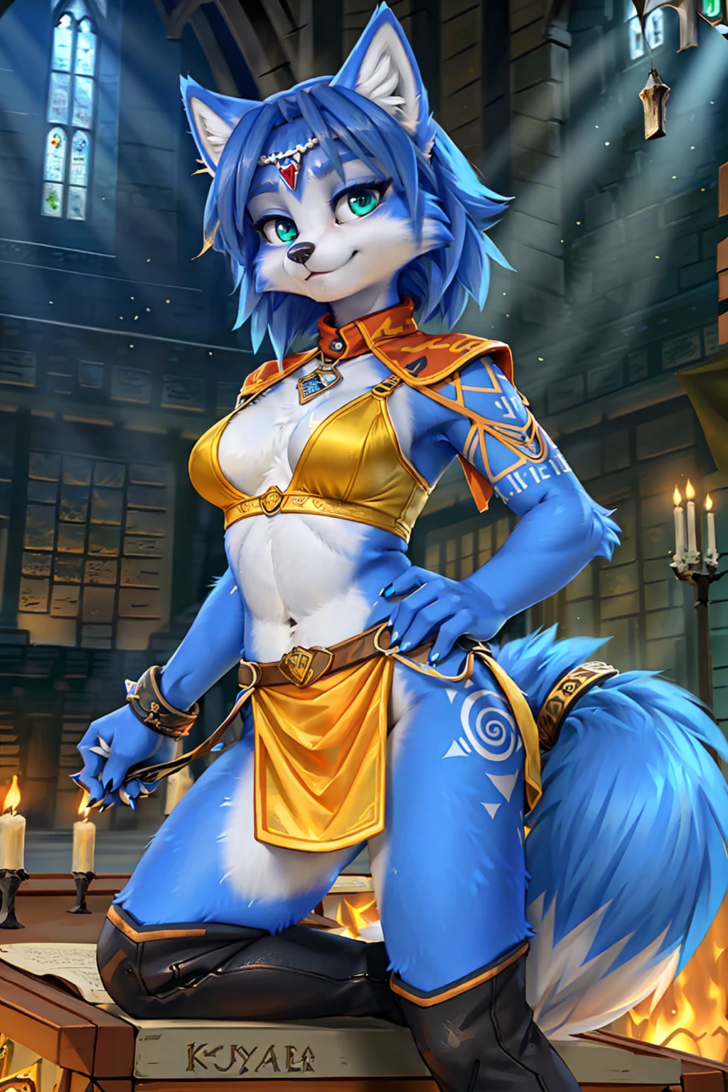 A beautiful and detailed (sweet picture) wa ((krystal)), Star Fox krystal,  green eyes, medium breasts, (((Long blue hair 1.3))),  anthro, furry, (wa Fluff-Kevlar, Bayard Wu, personalize me, Pino Daeni),  detailed fluffy fur, detailed face, (fluffy), 1 girl, alone, hair cover one eye:1.4, wears tribal clothing with leather armor, wears tribal top with leather armor, (((steht in der großen halle wa hogwarts auf einer bühne:1.4))), she wears a fanciful magician&#39;s robe