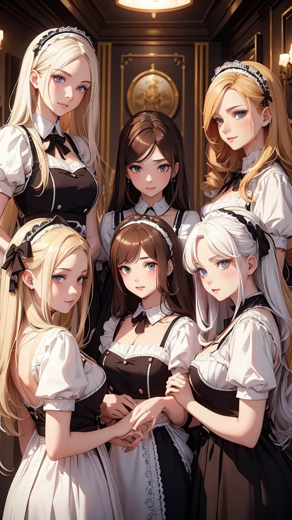 a maid cafe with four maids, ((one brunette, one blonde, one redhead and one white hair)) highly detailed, beautiful maid outfits, detailed facial features, elegant poses, intricate background, warm lighting, vibrant colors, masterpiece, 8k