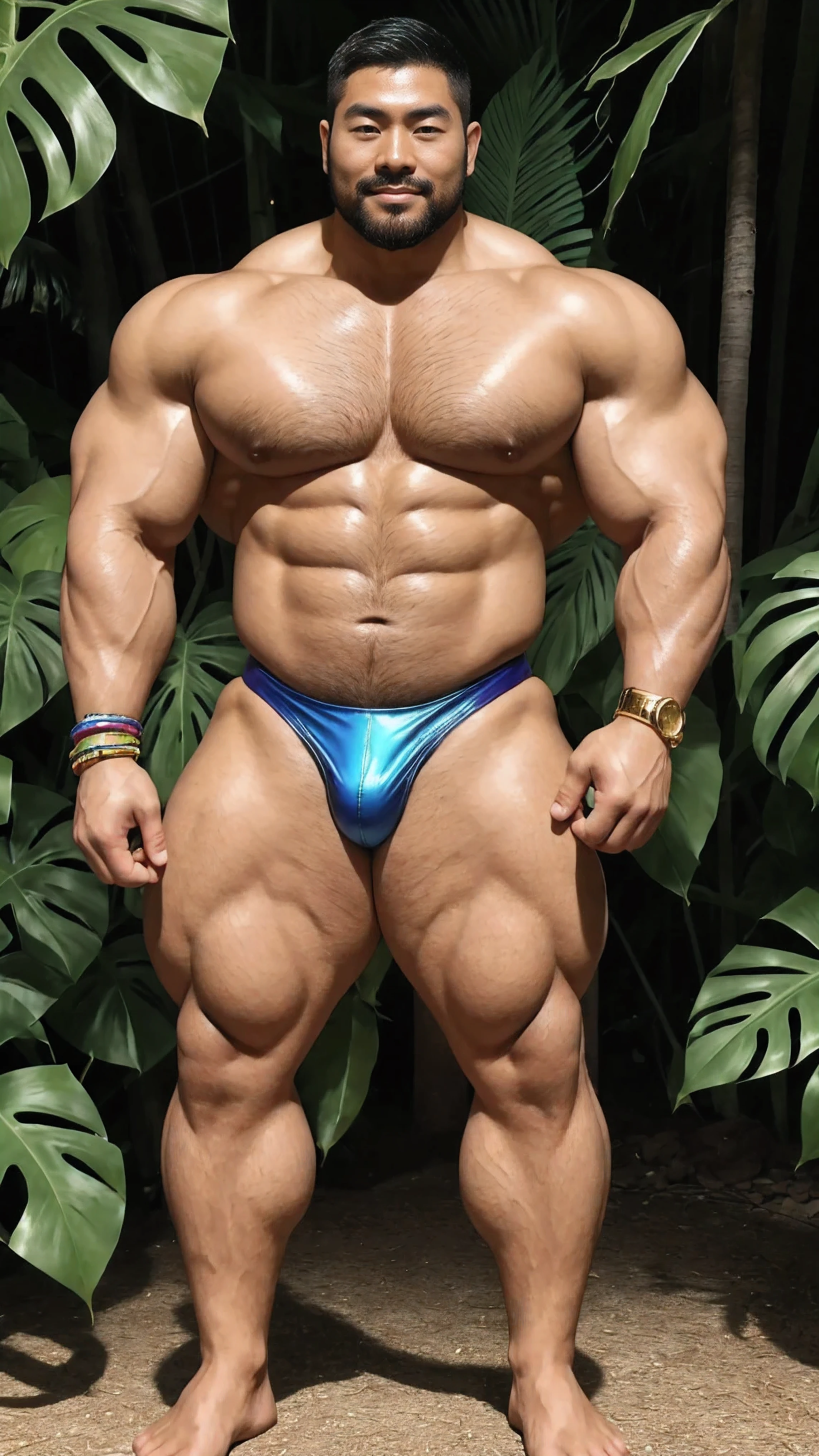 There is only one handsome Chinese man in the photo，35 years old，tall, Fitness，Smooth body，Smooth skin，No chest hair，short hair, O-Shaped Beard，Perfect body, Dark skin color，Radiant Skin，Smooth skin，Shiny, shiny skin，Smooth pectoral muscles，Muscle bulge, muscular, Very large pectoral muscles，Very sexy abdominal muscles，Very well-developed leg muscles，Huge concave and convex area，Brightens oily skin，Wear a fluorescent rainbow leather thong，Handsome face，Normal human toes，Correct and accurate male body proportions，Gold bracelet，Gold anklets，Standing in front of the Monstera forest。