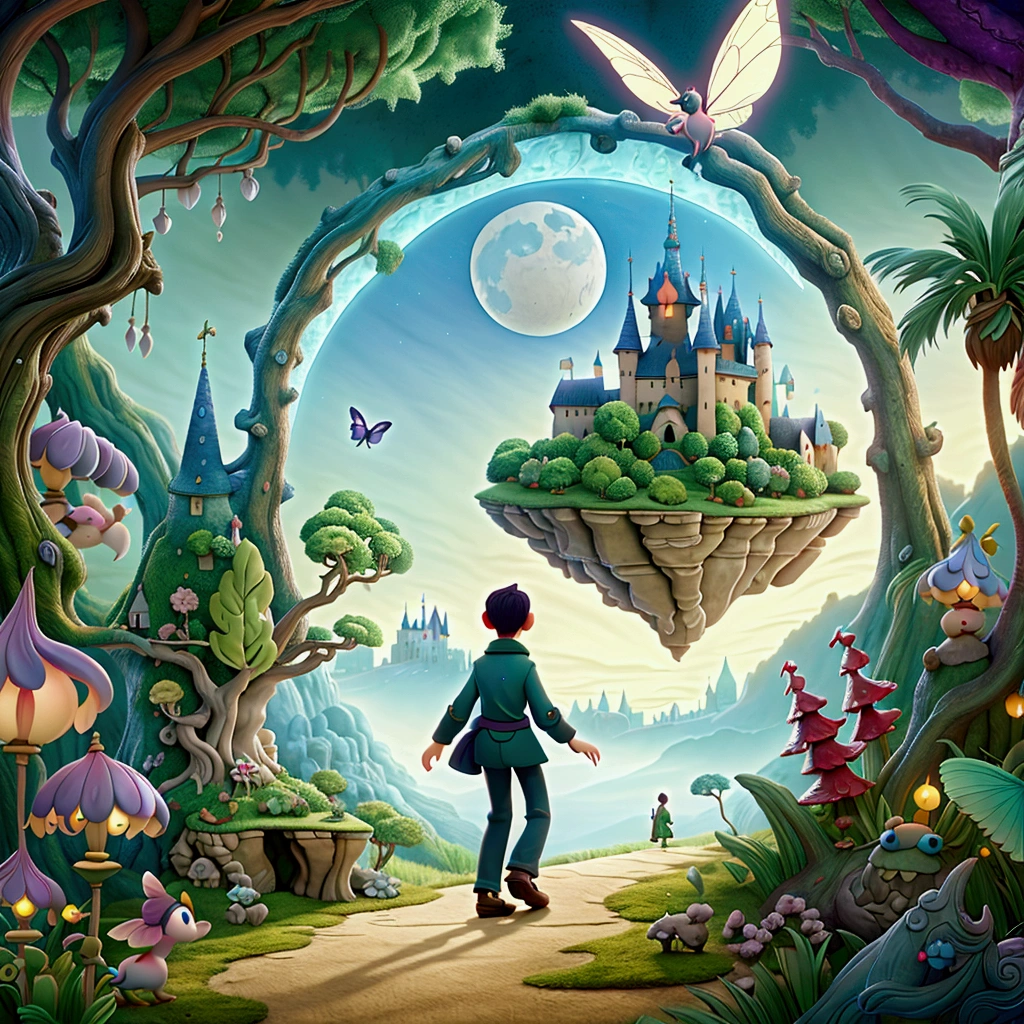 blurred image of a boy walking through a forest with a castle in the background, capa de romance de fantasia para jovens adultos, Fantasy landscape whimsical art, alexander jansson style, wide angle fantasy art, fantasy digital art, magical realism style, beautiful rendering of a fairy tale, fantasy book cover, fantasy book illustration, digital art fantasy, digital art fantasy art, dark fantasy painting，cute