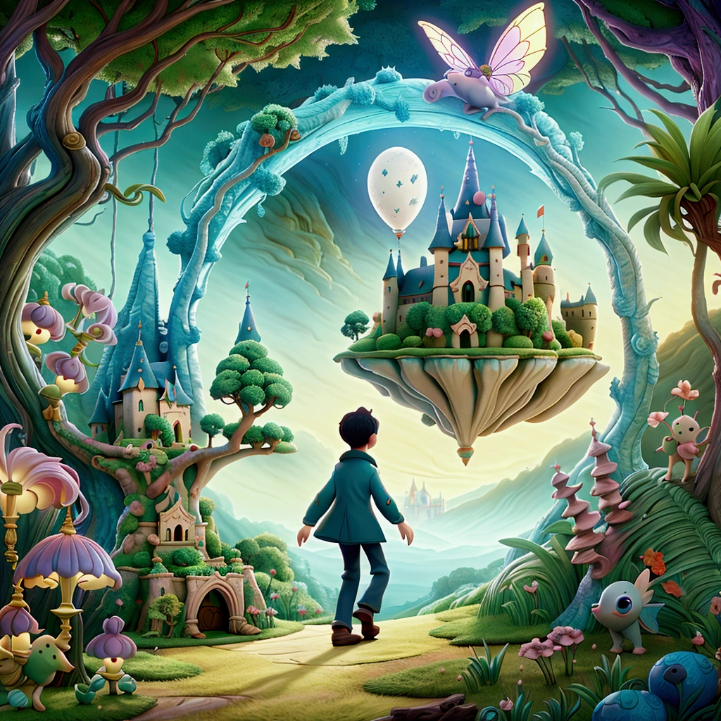 blurred image of a boy walking through a forest with a castle in the background, capa de romance de fantasia para jovens adultos, Fantasy landscape whimsical art, alexander jansson style, wide angle fantasy art, fantasy digital art, magical realism style, beautiful rendering of a fairy tale, fantasy book cover, fantasy book illustration, digital art fantasy, digital art fantasy art, dark fantasy painting，cute