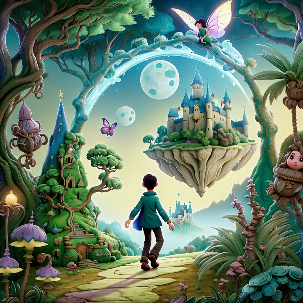 blurred image of a boy walking through a forest with a castle in the background, capa de romance de fantasia para jovens adultos, Fantasy landscape whimsical art, alexander jansson style, wide angle fantasy art, fantasy digital art, magical realism style, beautiful rendering of a fairy tale, fantasy book cover, fantasy book illustration, digital art fantasy, digital art fantasy art, dark fantasy painting，cute