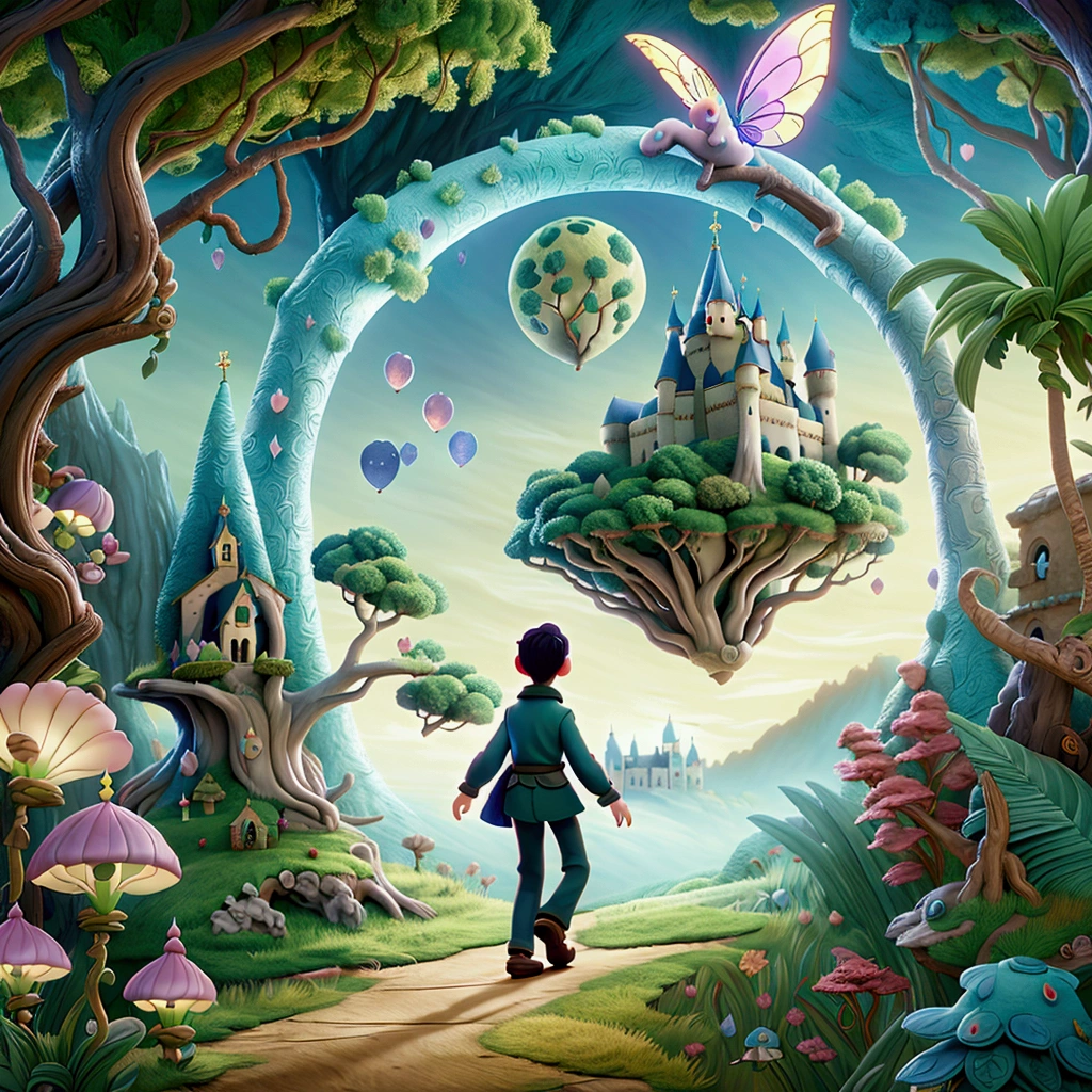 blurred image of a boy walking through a forest with a castle in the background, capa de romance de fantasia para jovens adultos, Fantasy landscape whimsical art, alexander jansson style, wide angle fantasy art, fantasy digital art, magical realism style, beautiful rendering of a fairy tale, fantasy book cover, fantasy book illustration, digital art fantasy, digital art fantasy art, dark fantasy painting,cute