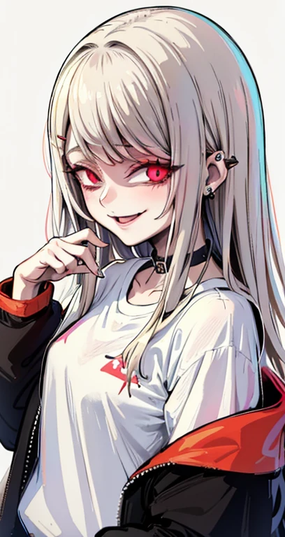Original outfit, 1girl in, solo, length hair, white backgrounid, Super cute、hair pin、Black jacket, A smile, tshirts、piercingakeups、ootd
