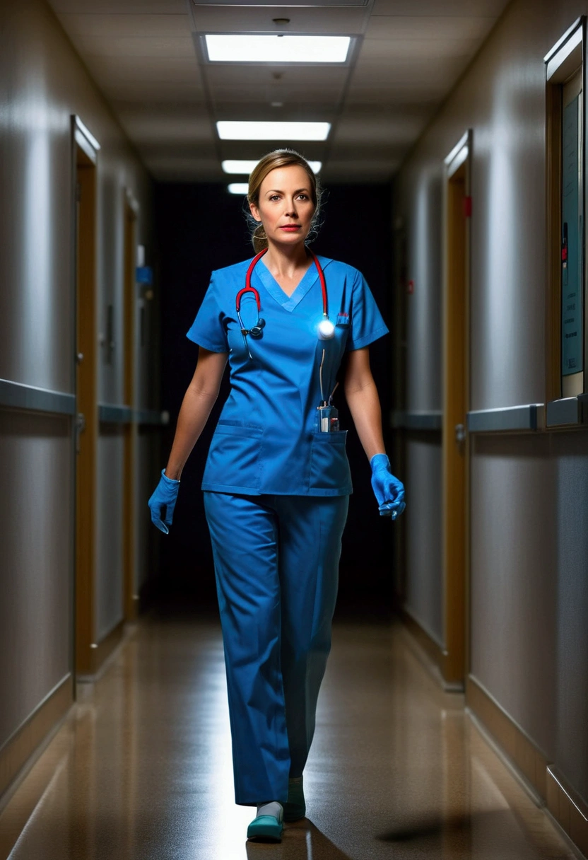 (nurse), stand in the ward with a warm smile and eyes full of care and encouragement. She seems to be a warm light for the patient. The background is the warm ward, full body, award-winning, cinematic still, emotional, vignette, dynamic, vivid, (masterpiece, best quality, photorealistic, Professional, perfect composition, very aesthetic, absurdres, ultra-detailed, intricate details:1.3)