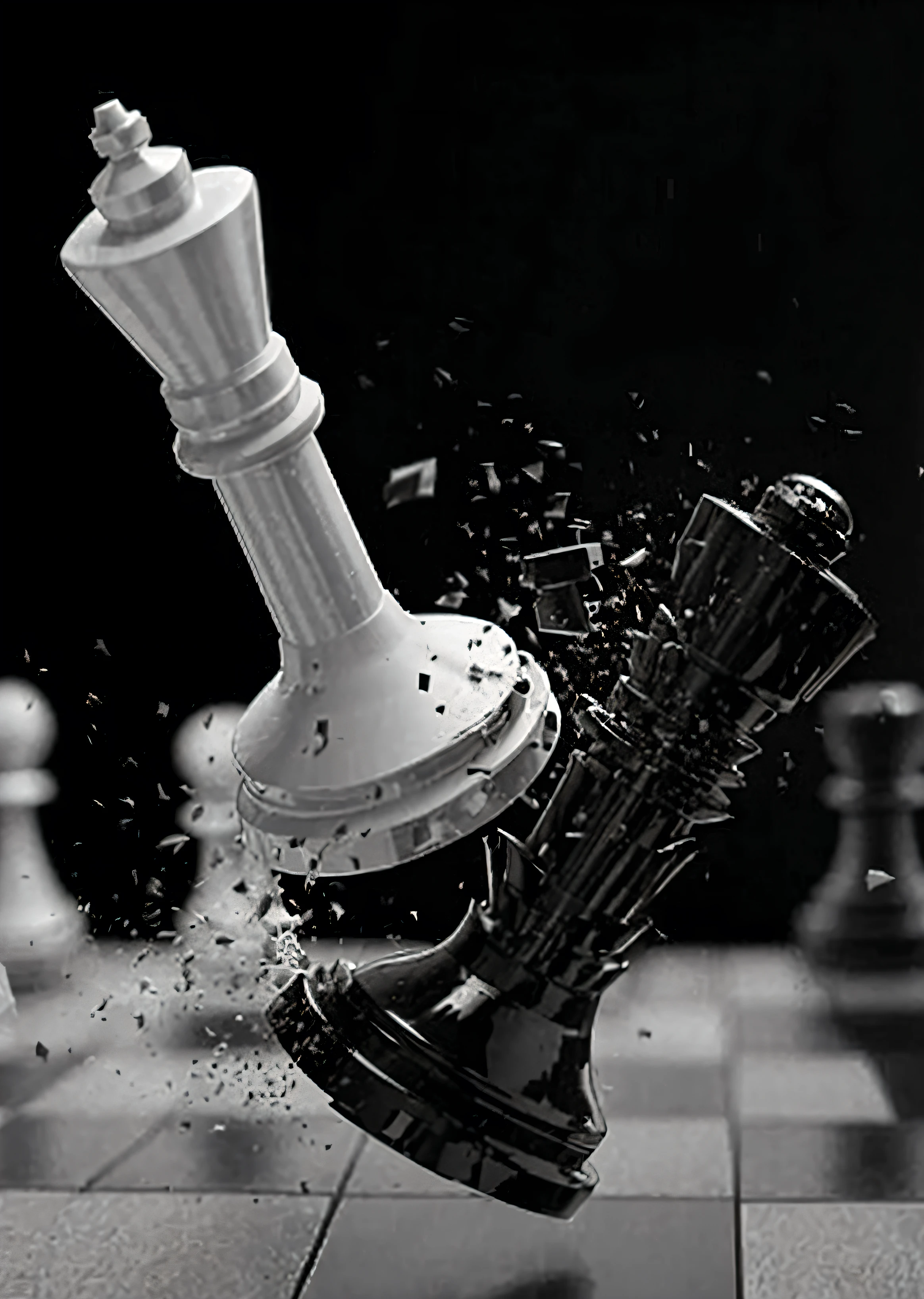 черно-bелое фото раздавленной шахматной фигуры, !!jogando chess!!, chess, Very high speed shooting, High speed photography, chess figure, Slow – MO High speed photography, very clear and detailed photo, b & W Detailed, sharp photography, cavaleiro de chess, Digital art #OneShotGame, драматический bоевик, chess surreal, artistic rendering, Detailed, sharp photography
