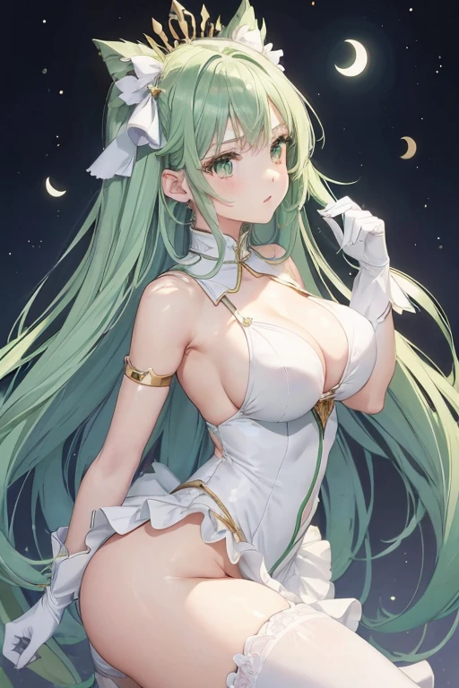 (girl1), (anime), white, with long green hair, jade green eyes, an 8 year old woman, with white stockings and a sexy dress, wearing a heroine costume consisting of a white sleeveless swimsuit with purple details and a yellow crescent moon on his chest. She also wears purple high boots, white gloves with spikes and metal plates on her waist and feet, look at her (breast size, they are size AAAA+:1.5),(Small body height of a ta:1.2),(Body height of an 8-year-old child:1.2),(Turned on her back with her ass hypinated to the fourth wall)