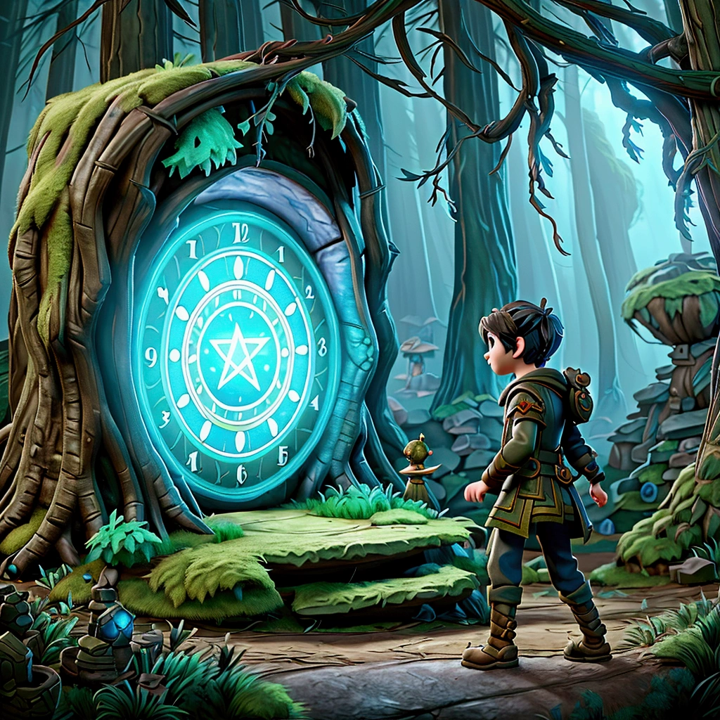 there is a boy standing in front of a clock in the forest, fantasy RPG book illustration, medieval fantasy game art, unreal engine fantasy art, fantasy game art style, magic portal to another world, fantasy game art, game cover art, epic RPG art, fantasy game spell symbol, Arte de RPG, Art on Artstation, magic stone portal in the forest