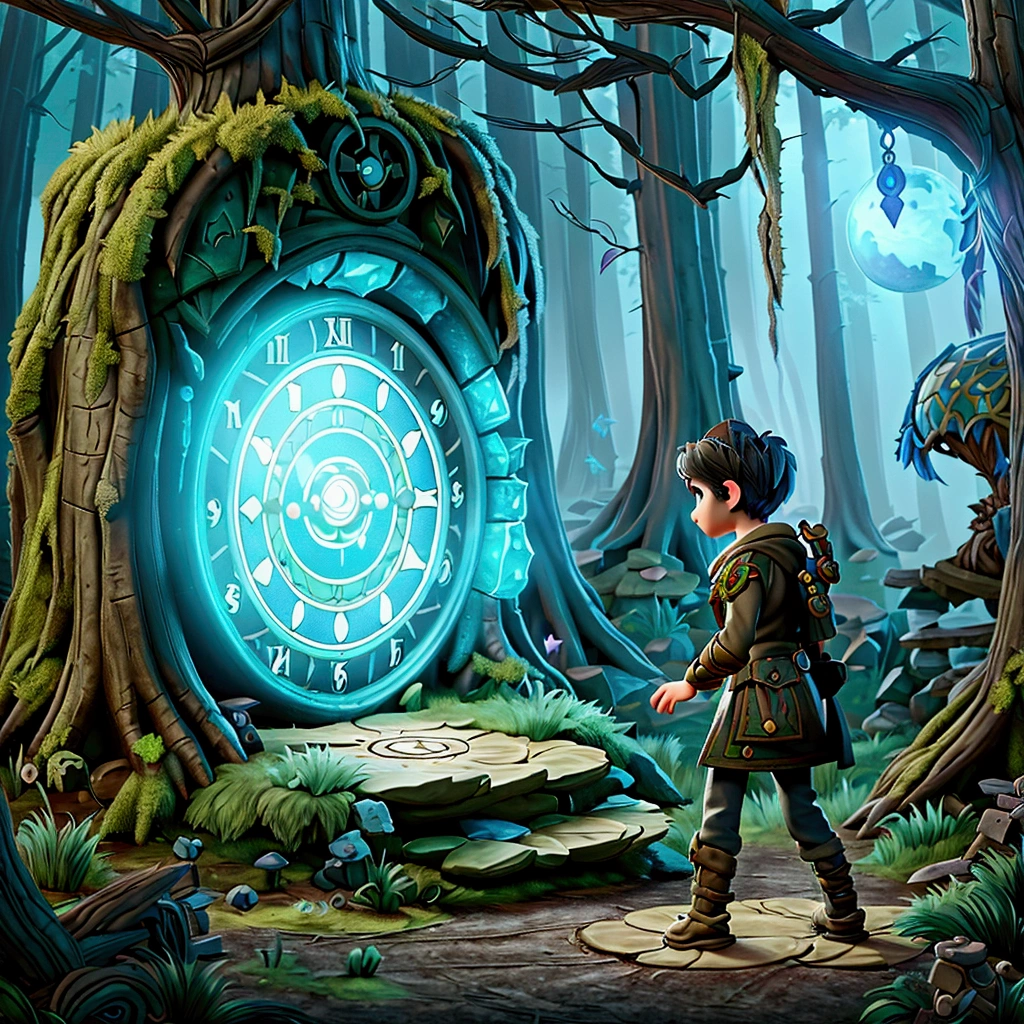there is a boy standing in front of a clock in the forest, fantasy RPG book illustration, medieval fantasy game art, unreal engine fantasy art, fantasy game art style, magic portal to another world, fantasy game art, game cover art, epic RPG art, fantasy game spell symbol, Arte de RPG, Art on Artstation, magic stone portal in the forest