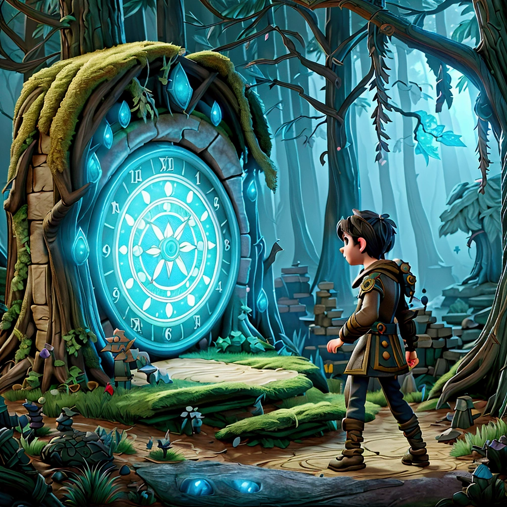 there is a boy standing in front of a clock in the forest, fantasy RPG book illustration, medieval fantasy game art, unreal engine fantasy art, fantasy game art style, magic portal to another world, fantasy game art, game cover art, epic RPG art, fantasy game spell symbol, Arte de RPG, Art on Artstation, magic stone portal in the forest