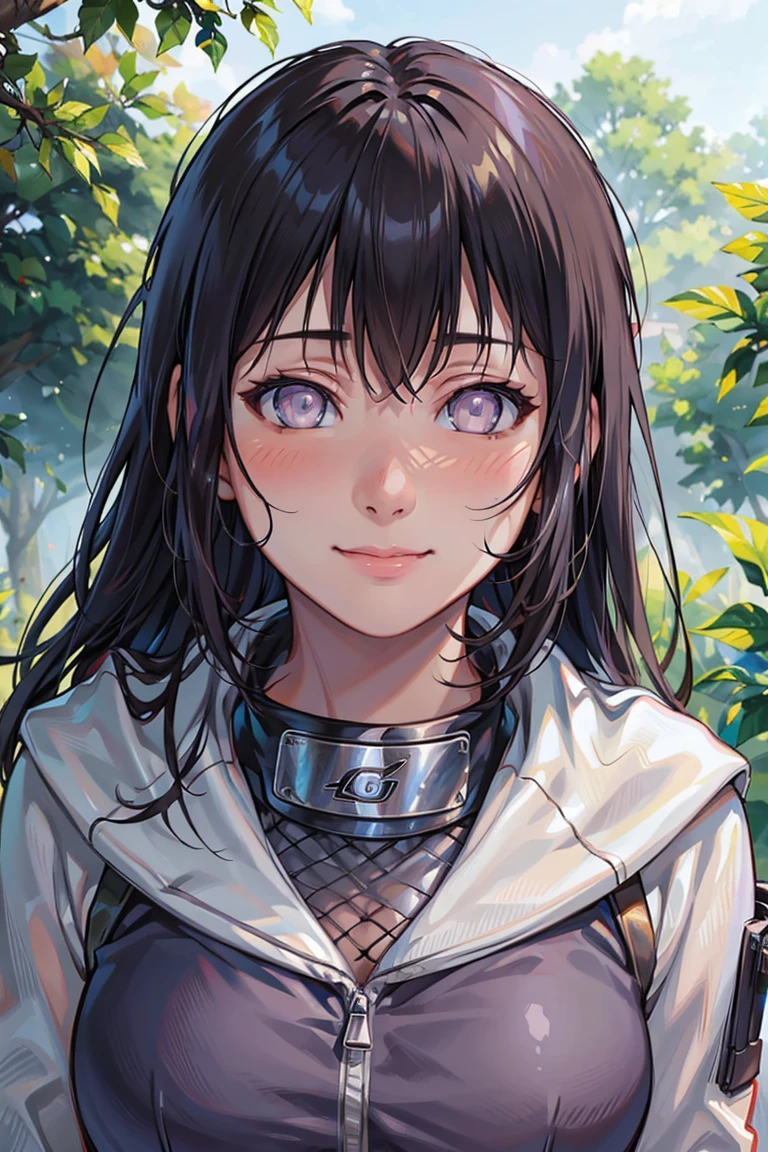 one girl, Hinata, blush, close-up, portrait, looking at camera, smiling, medium breasts, jungles, grassy fields, best quality, 4k, 8k, highres, masterpiece:1.2, ultra-detailed, realistic, photorealistic, photo-realistic:1.37, HDR, UHD, studio lighting, ultra-fine painting, sharp focus, physically-based rendering, extreme detail description, professional