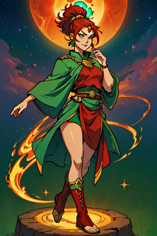 woman celestial cosmic powers to control stars and sun star symbols red hair and green and red gold clothes with boots and slippers, shiny star earring, a green jade stone on the forehead to control stars and sun, star and wing symbols
