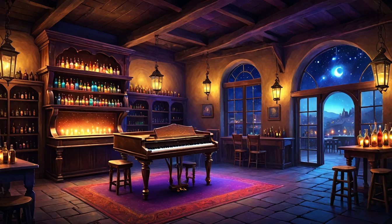 A fantasy digital illustration of a magical tavern at night that has been in operation for centuries. The tavern is filled with antique furniture, and the shelves are lined with colorful bottles in blue, red, green, yellow, orange, and purple. Through the windows, a starry sky and the lights of a town can be seen. Inside the tavern, lanterns cast a soft light that illuminates a crystal grand piano in the center of the room, creating an enchanting and mystical atmosphere.