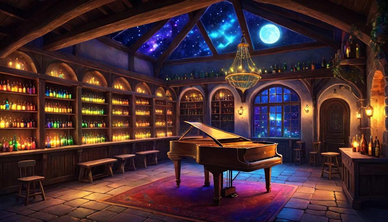 A fantasy digital illustration of a magical tavern at night that has been in operation for centuries. The tavern is filled with antique furniture, and the shelves are lined with colorful bottles in blue, red, green, yellow, orange, and purple. Through the windows, a starry sky and the lights of a town can be seen. Inside the tavern, lanterns cast a soft light that illuminates a crystal grand piano in the center of the room, creating an enchanting and mystical atmosphere.