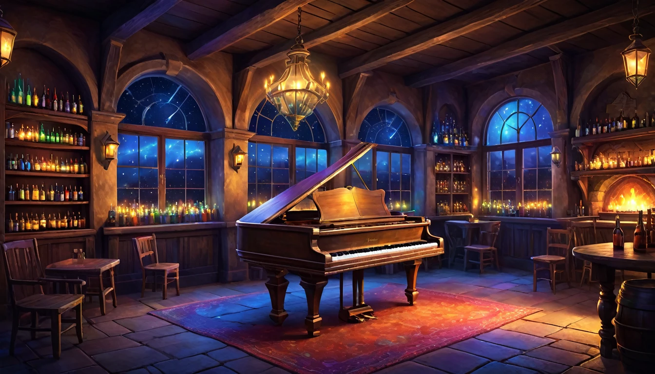A fantasy digital illustration of a magical tavern at night that has been in operation for centuries. The tavern is filled with antique furniture, and the shelves are lined with colorful bottles in blue, red, green, yellow, orange, and purple. Through the windows, a starry sky and the lights of a town can be seen. Inside the tavern, lanterns cast a soft light that illuminates a crystal grand piano in the center of the room, creating an enchanting and mystical atmosphere.