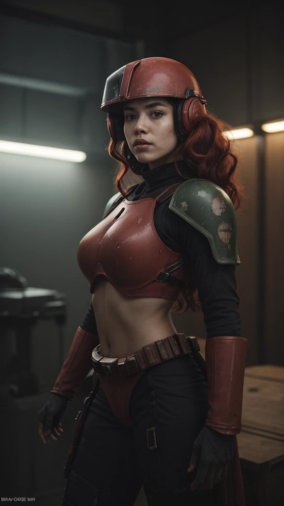 a 20-year-old girl with long red hair, dressed as Boba Fett from Star Wars, only wearing the helmet, a underwear of two pieces,cinematic lighting, dramatic pose, science fiction, dark atmosphere, moody, vibrant colors, photorealistic, 8k, best quality, (masterpiece:1.2), ultra-detailed, (realistic:1.37), HDR, studio lighting, physically-based rendering, extreme detail description, vivid colors,full body shot