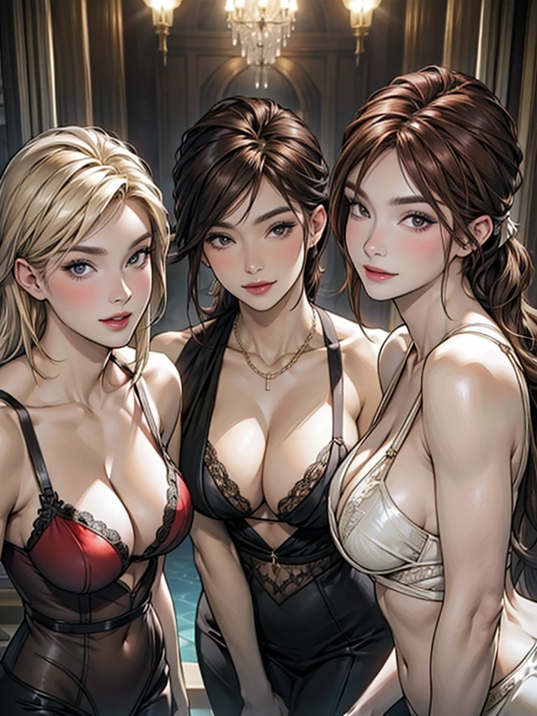 three sexy women looking at camera, flirtatious smiles, cabaret outfits, portrait. blond, brunette, redhead, cleavage, dynamic pose, sexy, laced lingerie